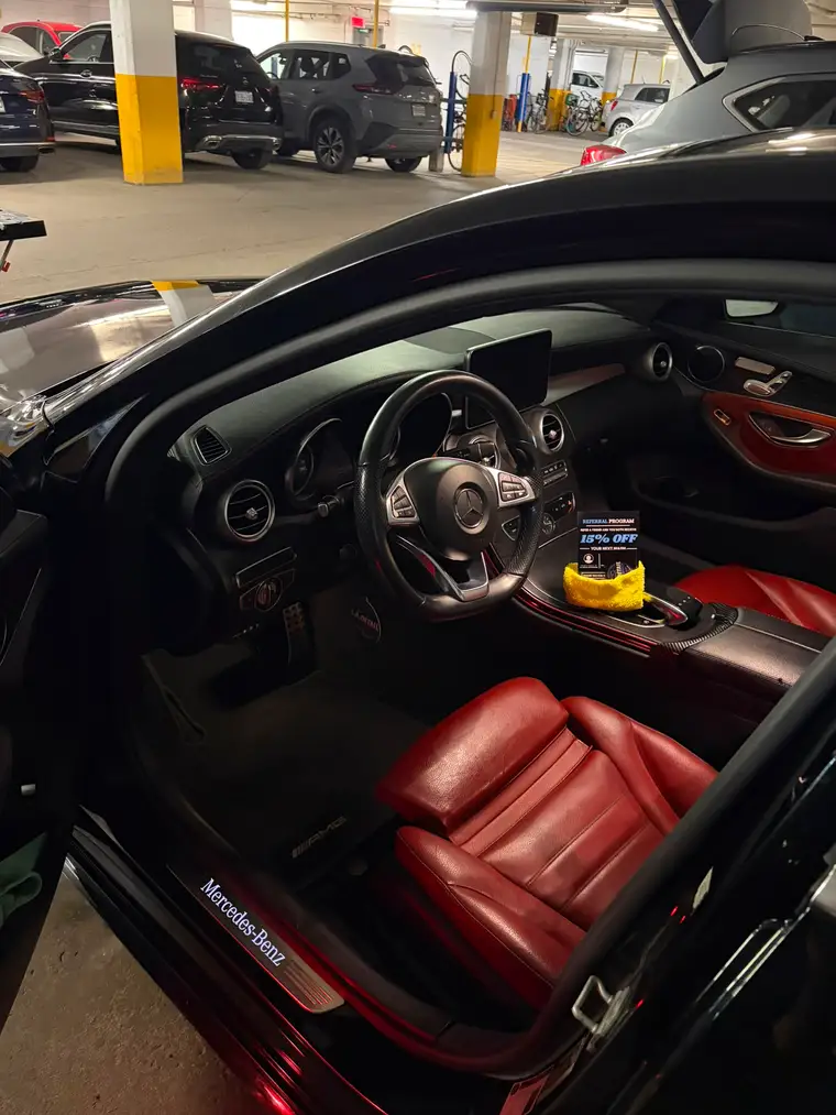 Mercedes-Benz C-Class AMG interior in red leather after a full interior detail